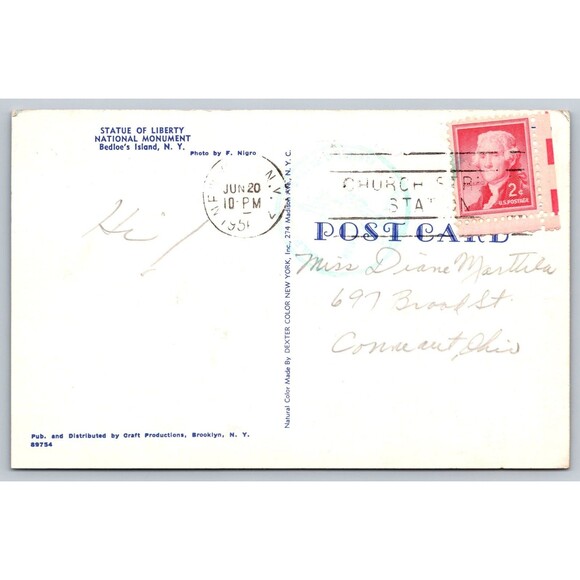Postcard New York Bedloe's Island Statue of Liberty c1950s Posted NY Vintage - Picture 2 of 2